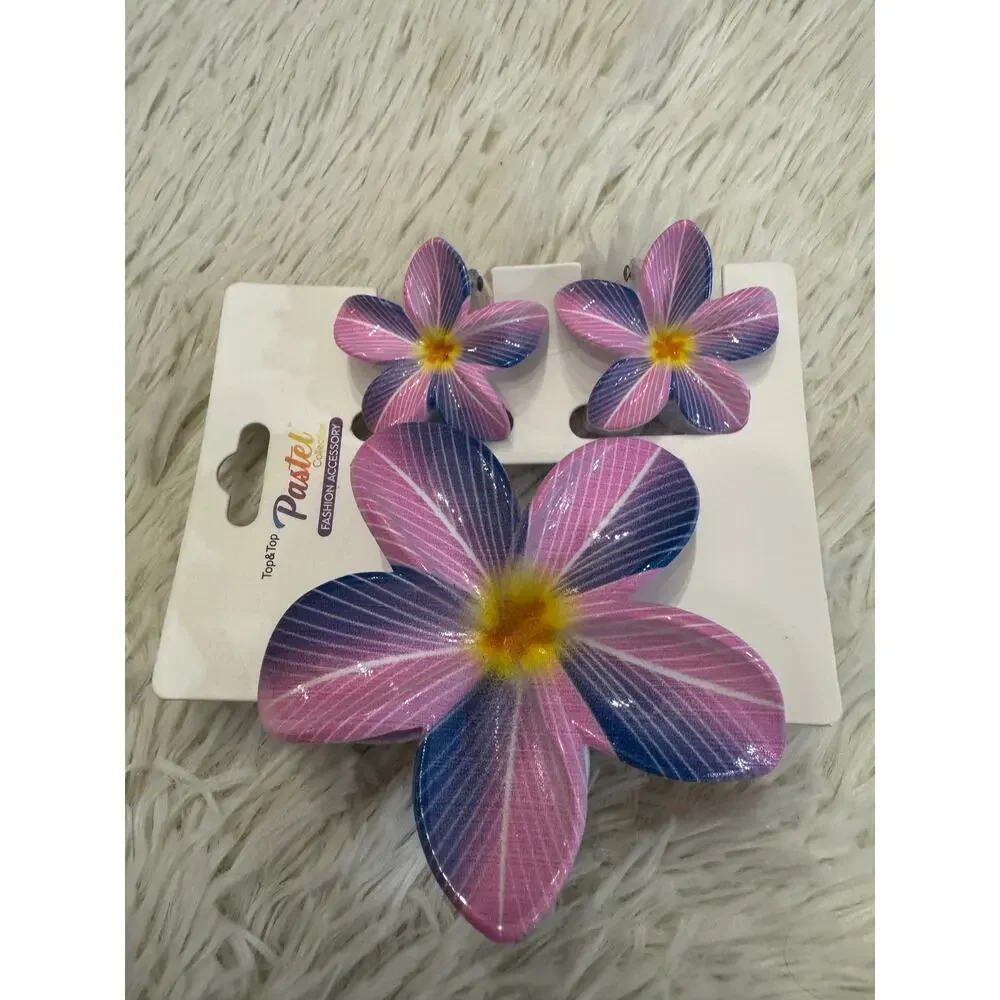 Hawaiian flower purple hair clip claw set of 3 one large 2 medium